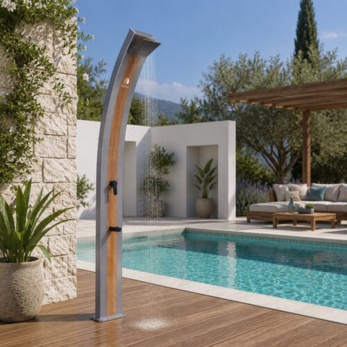 Aluminum Solar Shower With Foot Wash Sined Shower Ella Grey Wood