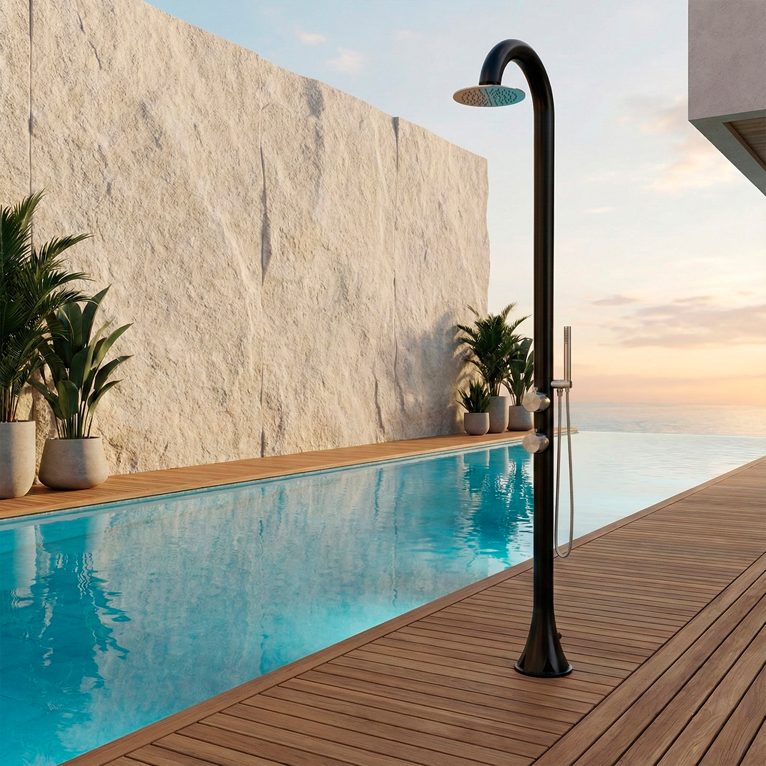 Black Stainless Steel 316L Outdoor Shower with Flexible Handheld and Dual Water Inlets