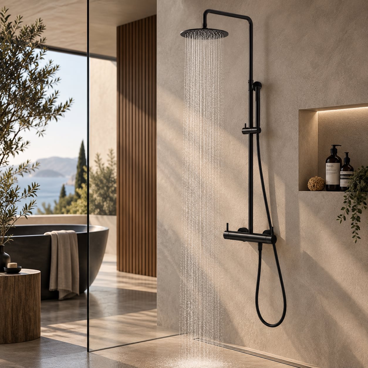 Black 316L Stainless Steel Wall Shower with 25 cm Rain Head Hand Shower