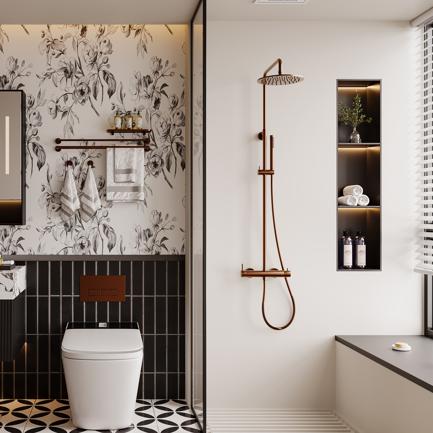 Wall-Mounted Shower in 316L Stainless Steel Rose Gold Finish Dual Mixer