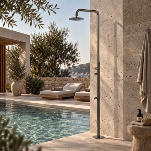 Outdoor Gun Metal Stainless Steel Shower with 25cm Head Dual Timer Floor Mount