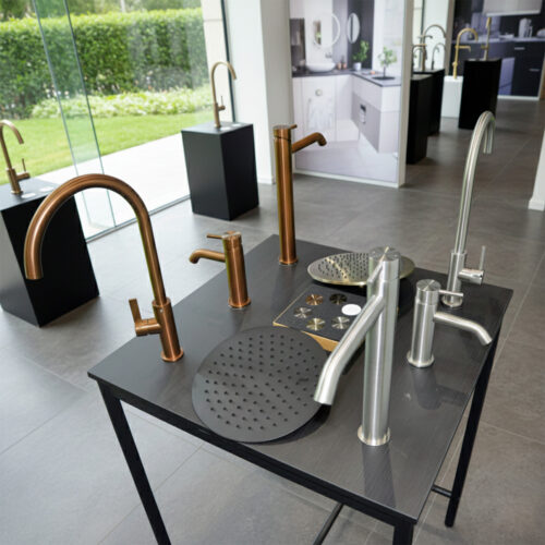 Black Wooden Display Table with Assorted Stainless Steel Faucets 316L Marine Grade