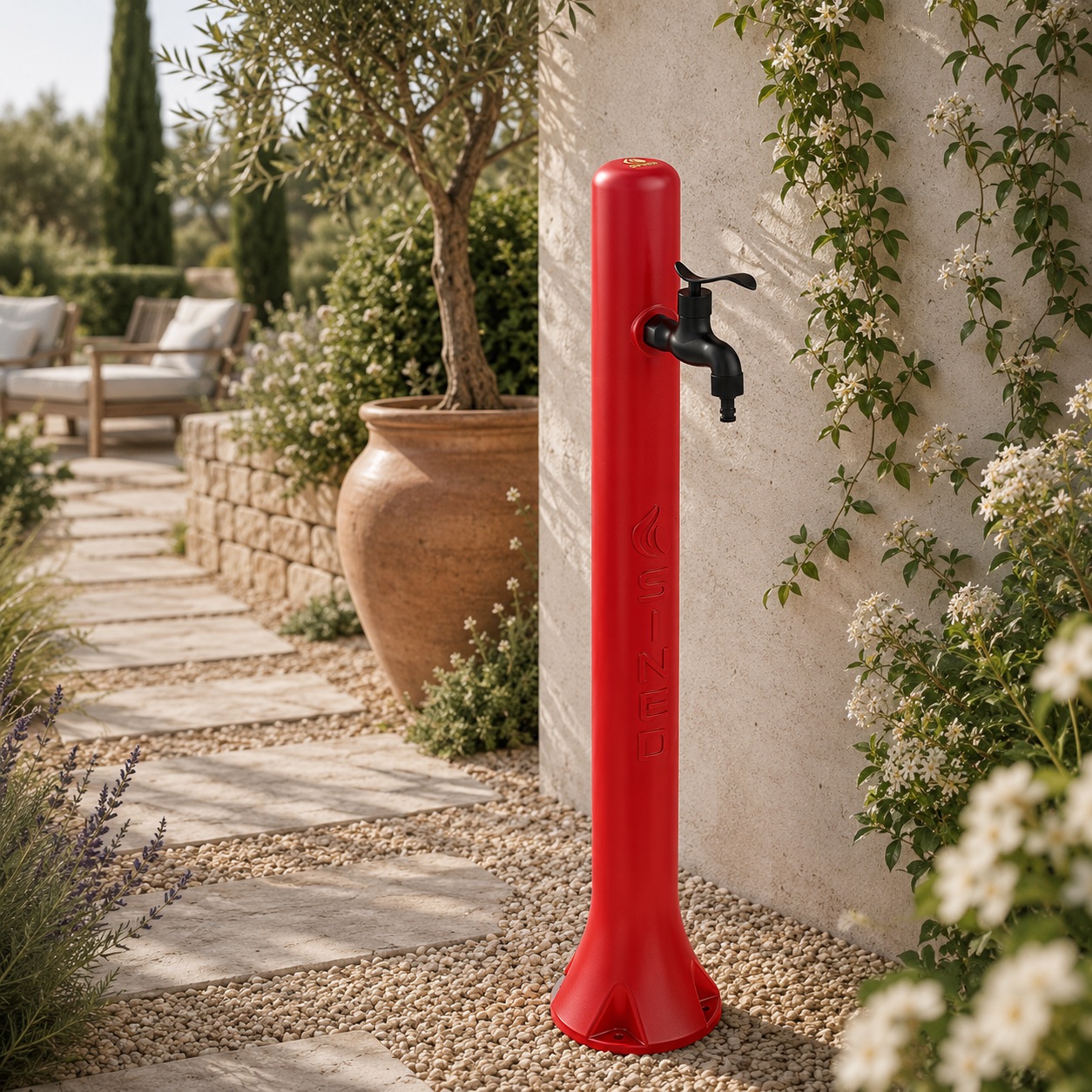 Red HD Polyethylene Garden Fountain with Side Connector for Garden Hose