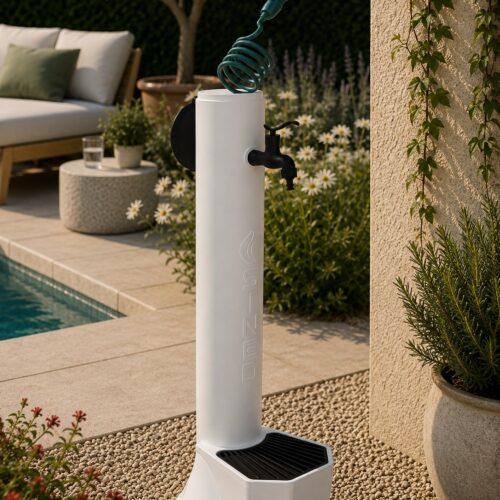 White HD Polyethylene Garden Fountain with Tap Grated Basin and Dual Inlet