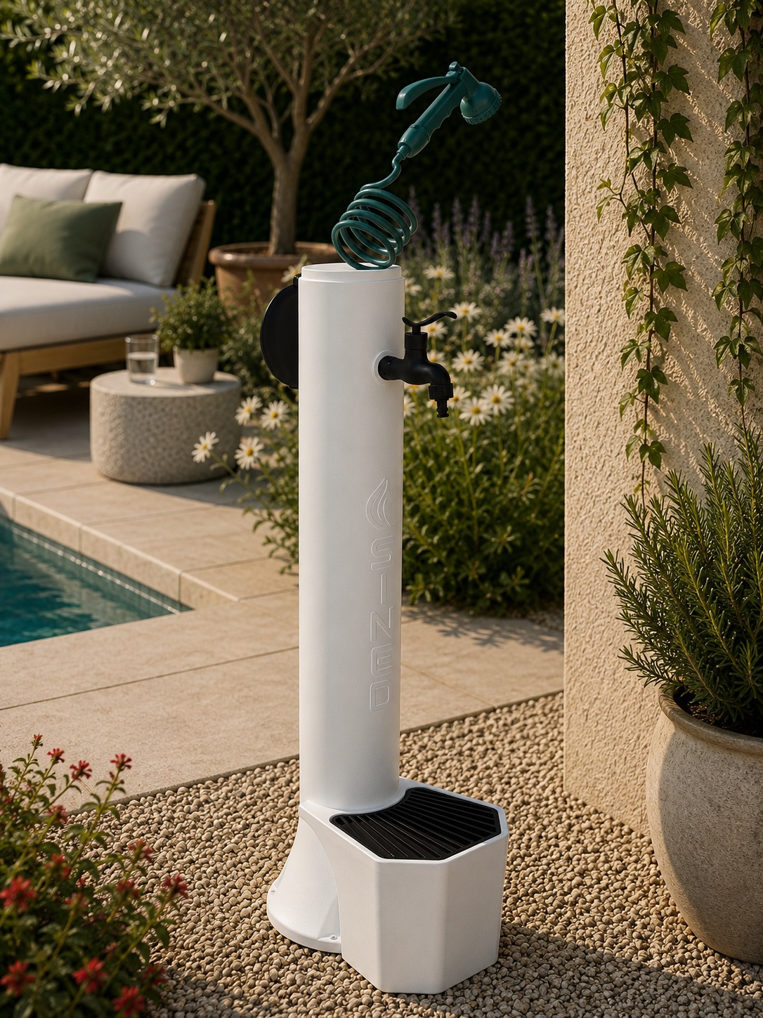 White HD Polyethylene Garden Fountain with Tap Grated Basin and Dual Inlet