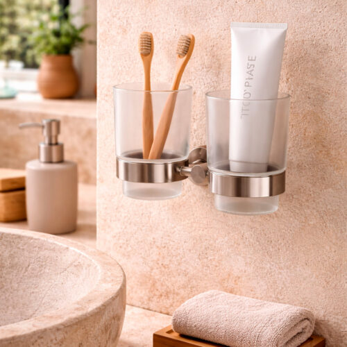 Double glass holder made of corrosion-resistant brushed stainless steel
