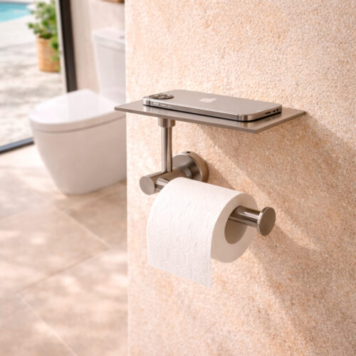 Satin-Finish 316L Stainless Steel Bathroom Tissue Holder with Top Shelf