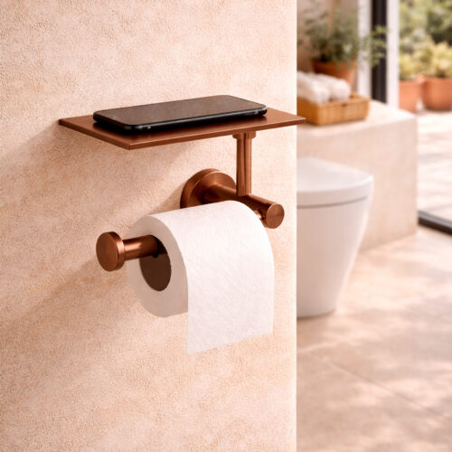 Rose Gold Stainless Steel Toilet Paper Holder with Shelf for Modern Baths