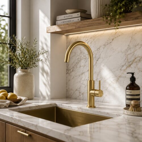 High Faucet for Kitchen Sink in 316L Stainless Steel Gold Finish Corrosion-Resistant